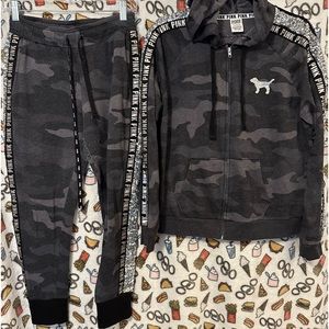 Pink brand gray camouflage bling sequined jogger set.
